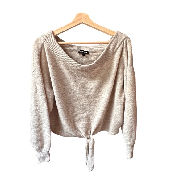 express tie front off the shoulder cropped sweater beige cream size medium - Picture 2 of 5